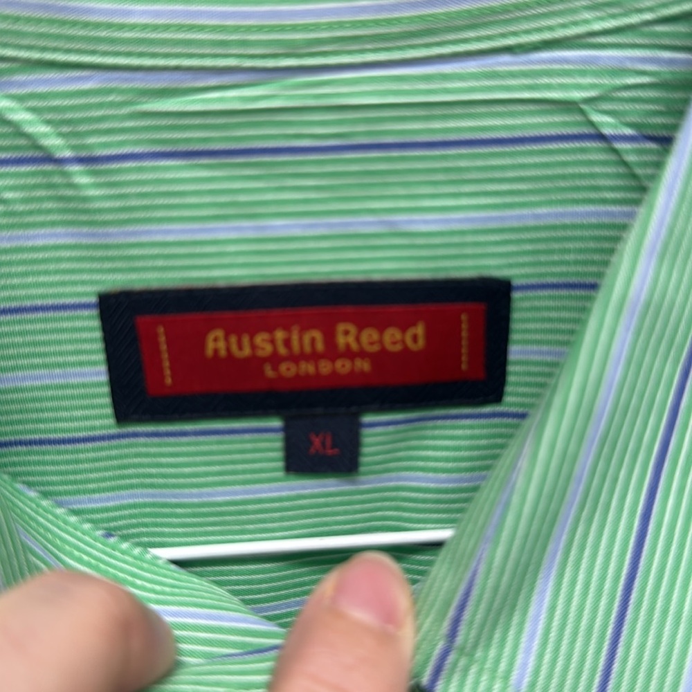 Austin Reed Men’s XL Button Down Long Sleeve Green Blue Stripe 100% Cotton Shirt - Picture 6 of 16